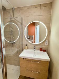 a bathroom with a sink and a shower with a mirror at La Tour Alba in Valras-Plage