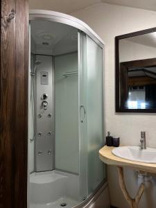 a bathroom with a shower and a sink at Наше Місце in Krymno