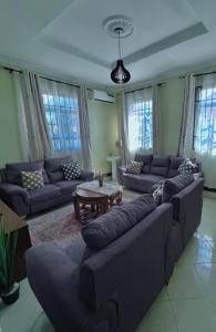 a living room with couches and a table and windows at Kamur Homes Apartment in Dodoma