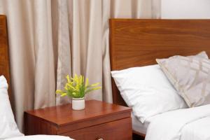a nightstand with a plant on it next to a bed at Kamur Homes Apartment in Dodoma