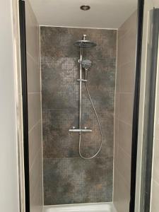 a shower with a shower head in a bathroom at Kurzeit 38 in Bad Nenndorf