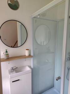 a bathroom with a shower and a sink and a mirror at Studio Dennebroeucq in Dennebroeucq