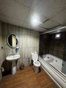 a bathroom with a sink and a toilet and a tub at Cağaloğlu Apart Butik Otel in Atakum