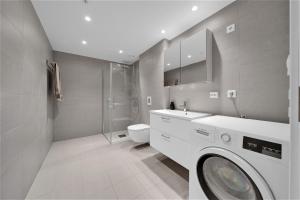 a bathroom with a toilet sink and a washing machine at Modern Apartment in Ski in Siggerud