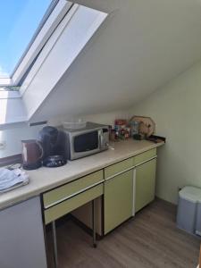 a kitchen with a microwave on a counter with a roof at Haus Tanja in Neckarbischofsheim +2 photos
