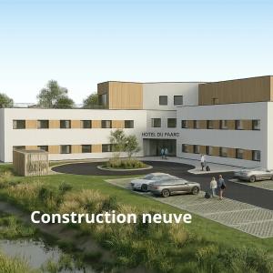 a rendering of a building with cars parked outside at The Originals City Hôtel-Restaurant-Terrasse du PAarc Gravelines Dunkerque in Gravelines