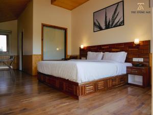 a bedroom with a large bed and a mirror at The Stone Age : a boutique hotel in Shimla