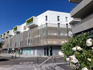 a large white building on a street with flowers at Studio avec parking gratuit in Cenon +12 photos