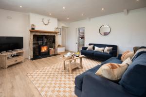 a living room with a blue couch and a fireplace at Border View Cottage in Duddo