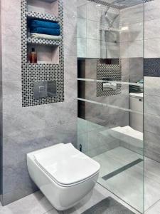 a bathroom with a toilet and a glass shower at Apartament Tęczowy Tukan -1 piętro in Kwidzyn +16 photos