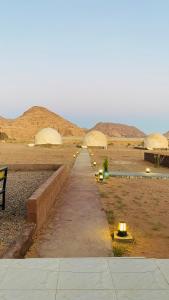 a path in a desert with tents and lights at FLORA RUM LUXURY CAMP & Bubble Hotel in Wadi Rum