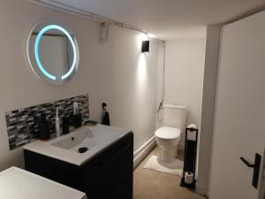 a bathroom with a sink and a mirror and a toilet at Souplex Michelet in Arras
