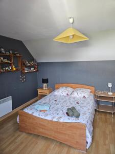 a bedroom with a bed and a yellow ceiling at chambres évènements circuit LE MANS in La Milesse