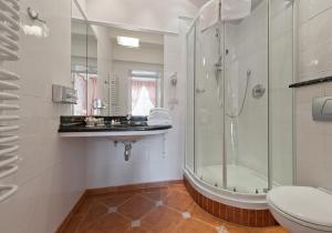 La salle de bains est pourvue d'une douche, de toilettes et d'un lavabo. dans l'établissement Dom Pugetów, à Cracovie