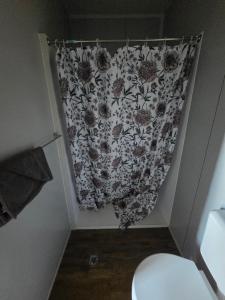 a shower curtain in a bathroom with a toilet at Carmila Caravan Park & Cabins in Carmila