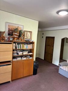 a room with a book shelf filled with books at Hotel Chata ve Volarech Šumava in Volary