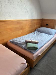 a bed with two towels on top of it at Hotel Chata ve Volarech Šumava in Volary