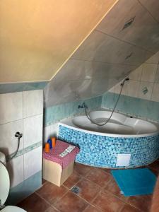 a bathroom with a bath tub in a room at Hotel Chata ve Volarech Šumava in Volary +75 photos