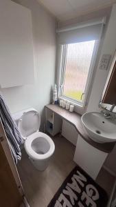 a bathroom with a toilet and a sink and a window at Lyons Robin Hood Hazel Park 6 in Rhyl +5 photos