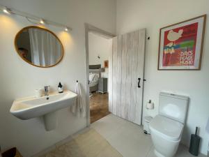 a bathroom with a sink and a toilet and a mirror at Tina`s House - Bordeira in Aljezur +44 photos