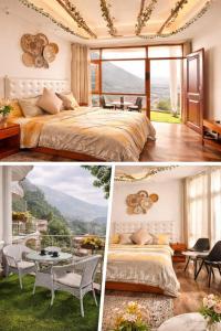 a bedroom with a bed and a table and a view at Siesta B&B Private Balcony & Himalayan Sunrise Views in Shimla