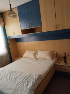 a bed in a room with blue and wooden cabinets at Moon e Sky in Tirana