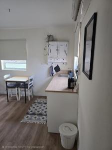 a kitchen with a sink and a table with a toilet at על הגג במדבר in Mitzpe Ramon