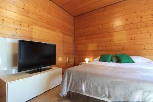 a bedroom with a bed and a flat screen tv at House Angy in Ponte nellʼAlpi
