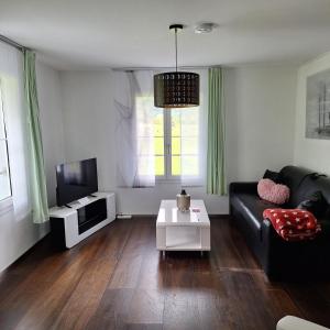 ein Wohnzimmer mit schwarzem Sofa und Fernseher in der Unterkunft Sandras Flat in Giswil