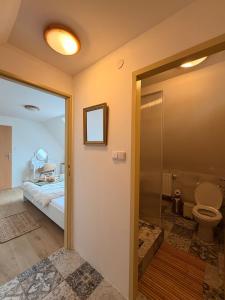 a bathroom with a toilet and a bedroom with a bed at Búda u Totevú in Skalica +34 photos