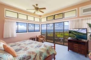 a bedroom with a bed and a flat screen tv at 411 Ridge in Kahana