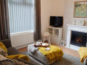 a living room with a couch and a fireplace at Sonny Cottage in Glanamman