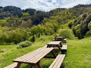 three picnic tables sitting in a field of grass at Agriturismo Giandriale in Tavarone +38 photos