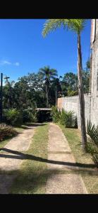 a dirt road with a palm tree and a wall at Chácara Bosque da Paz in Ibiúna +5 photos
