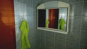 a bathroom with a mirror and a green towel at Apartments Krn in Drežniške Ravne