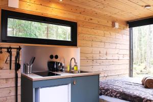 a kitchen in a tiny house with a sink and a bed at PRIVAATNE Metsamajake SAUNAGA "KOHIN" in Sigula