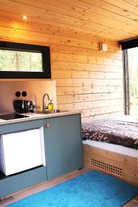 a kitchen with a sink and a bed in a room at PRIVAATNE Metsamajake SAUNAGA "KOHIN" in Sigula