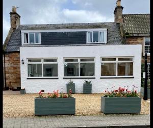 a house with two large pots of flowers in front of it at Honeypot Guest House in Crail
