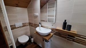 a bathroom with a white sink and a toilet at Chalupa u Uhříků in Rajnochovice