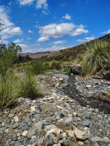 a rocky path through a grassy field with a blue sky at La Blau in Mendoza