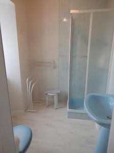 a bathroom with a sink and a glass shower at Gîte Pyrénées Ariège Ustou in Ustou
