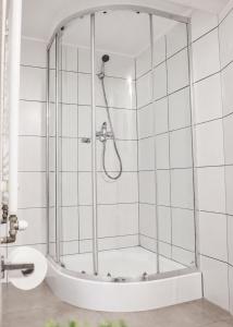 a shower with a glass door in a bathroom at Kwatery Fado in Częstochowa +23 photos