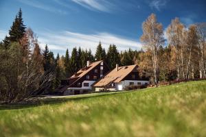 a large house sitting on top of a lush green field at Hotel Popel in Stachy
