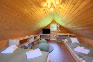 a large wooden room with couches and a television at Hiška Janko in Bohinjska Bistrica