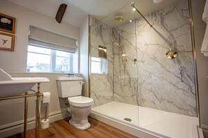 a bathroom with a shower and a toilet and a sink at The Huntsman in Norwich