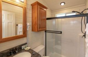 a bathroom with a shower and a sink and a mirror at 49er Village in Plymouth