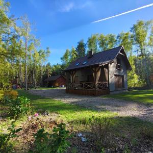 a small cabin in the middle of a yard at Domek na wynajem Lgiń in Wschowa