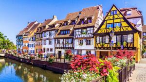 a group of buildings next to a river with flowers at Just In Colmar, maison complète avec parking privé in Colmar