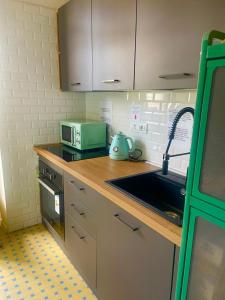 a kitchen with a sink and a stove and a microwave at Accogliente stanzetta vicina al centro di Torino in Turin