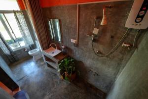 a bathroom with a shower and a toilet and a plant at Singhe House in Dickwella +161 photos